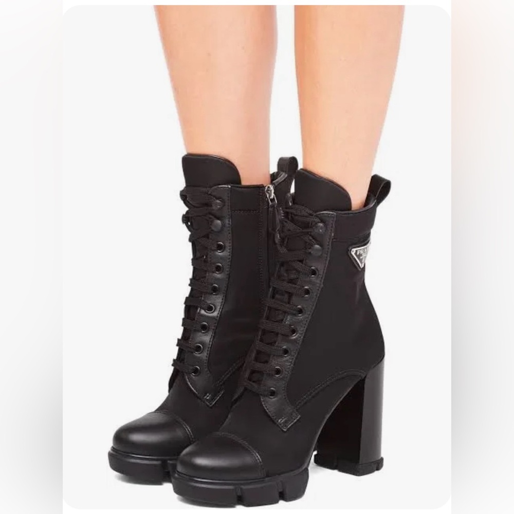 Prada Brushed Leather & Nylon Lace Up Booties,Black,Size 38- fits like US size 7